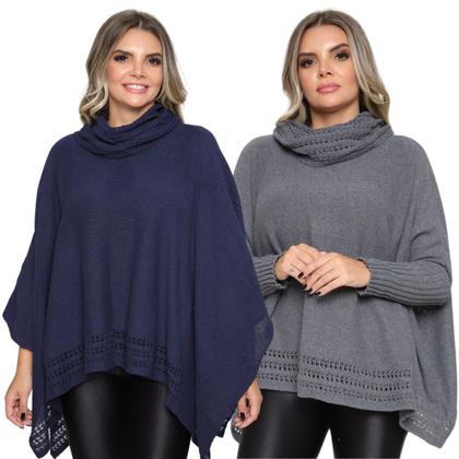 Imagem de Kit 2 Poncho Feminino Tricot Liso Gola Alta Casaco Lã Inverno