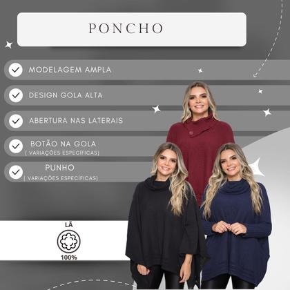 Imagem de Kit 2 Poncho Feminino Tricot Mousse Liso Gola Alta Casaco Lã