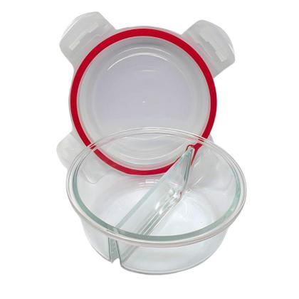 Imagem de Kit 2 Pote De Vidro Tampa Hermético Redondo Com Divisória Marmita Fit 4 Travas 390ml