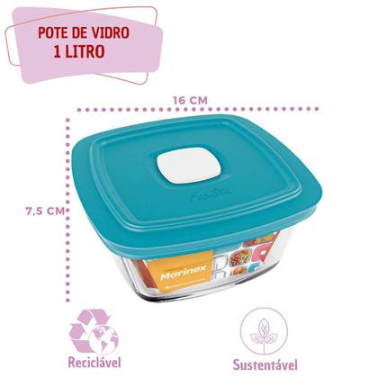 Imagem de kit 2 Pote Vidro Quadrado Facilita Vap Com Tampa 1L Marinex