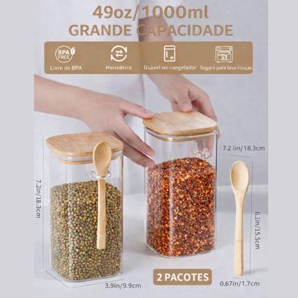 Imagem de Kit 2 Potes de Vidro 1 Litro com Tampa E colher de Bambu Hermética