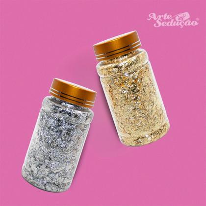 Imagem de Kit 2 Potes Grandes Folha Ouro Dourado Prata Decoração Unhas Manicure Nail Art Nail Designer Unhas Naturais Unha de Gel Encapsulamento