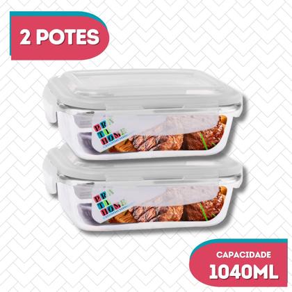 Imagem de Kit 2 Potes Hermetico Vidro 1040ml Marmita Tampa 4 Travas