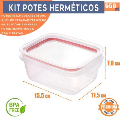 Imagem de Kit 2 Potes Herméticos Porta Frios Retangulares 550ml com Travas Laterais  Marmitas e Armazenamento de Alimentos na Geladeira