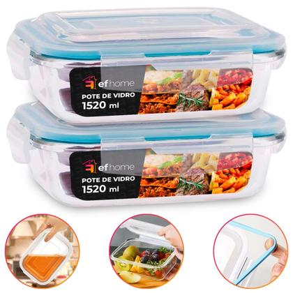 Imagem de Kit 2 Potes Herméticos Retangular Vidro Freezer Microondas Com Tampa Transparente 1500ML