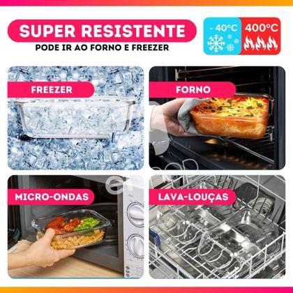 Imagem de Kit 2 Potes Herméticos Retangular Vidro Freezer Microondas Com Tampa Transparente 1500ML