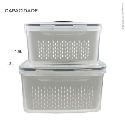 Imagem de Kit 2 Potes Porta Alimentos com Escorredor 1,5L e 3 Litros Frutas