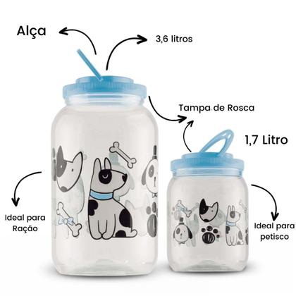 Imagem de Kit 2 Potes Ração 3,6L Petisco 1,7L Azul Macho