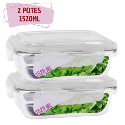Imagem de Kit 2 Potes Tampa Hermetica Retangular Vidro 1520ml Grande