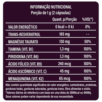 Imagem de Kit 2 Potes Trans Resveratrol Magnésio 120 Capsulas Suplemento 500mg Natural Vitaminas B1 B6 B9 C K2 Original Concentrado Natunéctar Antioxidante