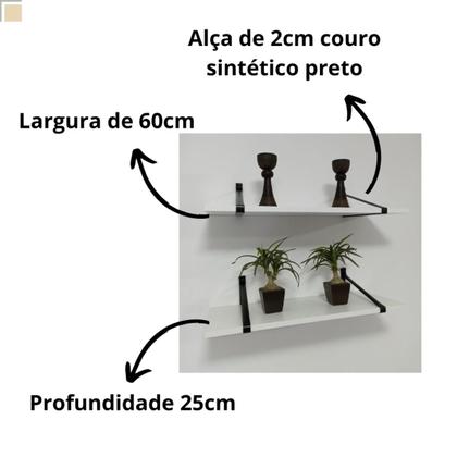 Imagem de Kit 2 Prateleira 60x25 Parede Mdf Com Alça Couro Suporte