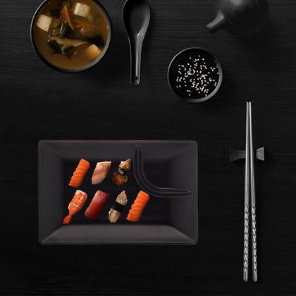 Imagem de Kit 2 Pratos para Sushi com Molheira Melamina Pretos 19x12,5cm Lyor Tóquio Retangulares