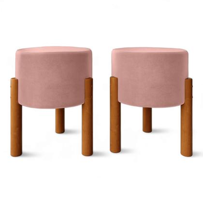 Imagem de KIT 2 Puf ((VELUDO ROSA)) Banco Penteadeira Thor Decorativo redondo-Pés Madeira maciça 45cmx35cm