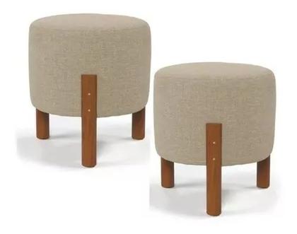 Imagem de Kit 2 Puff Banquinho Decorativo Linho Luxo Pés Maciça