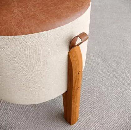 Imagem de Kit 2 Puff Banquinho Decorativo Luna em Linho e Couro Pés Madeira Maciça