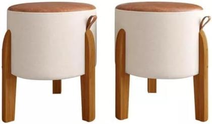 Imagem de Kit 2 Puff Banquinho Decorativo Luna em Linho e Couro Pés Madeira Maciça