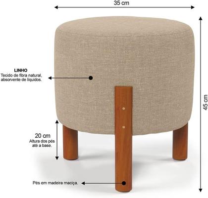 Imagem de Kit 2 Puff Banquinho Redondo Decorativo Thor em Linho Pés Madeira Cor Bege - PC MÓVEIS