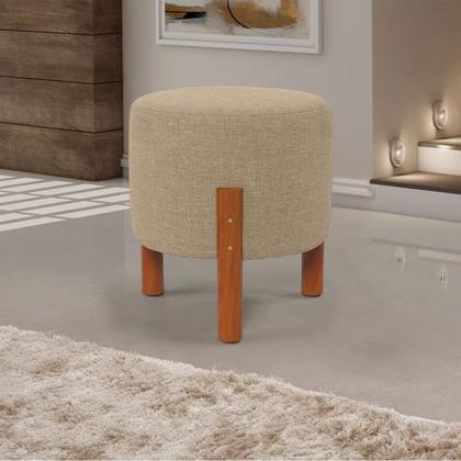 Imagem de Kit 2 Puff Banquinho Redondo Decorativo Thor em Linho Pés Madeira Cor Bege - PC MÓVEIS
