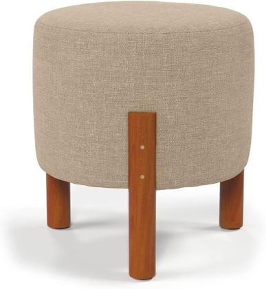 Imagem de Kit 2 Puff Banquinho Redondo Decorativo Thor em Linho Pés Madeira Cor Bege - PC MÓVEIS