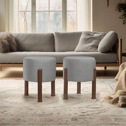 Imagem de Kit 2 Puff Banquinho Redondo Decorativo Thor em Linho Pés Polietileno Cor Cinza