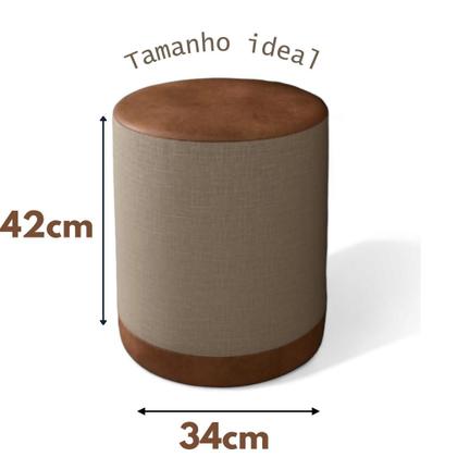Imagem de KIT 2 PUFF Closet Penteadeira Banqueta Redonda LINHO BEGE ASSENTO EM COURO CARAMELO 42cm x 34cm.DAKOTA