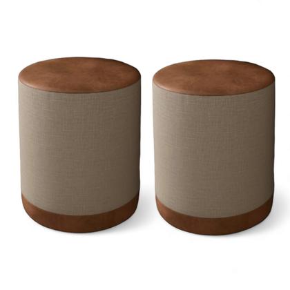 Imagem de KIT 2 PUFF Closet Penteadeira Banqueta Redonda LINHO BEGE ASSENTO EM COURO CARAMELO 42cm x 34cm.DAKOTA