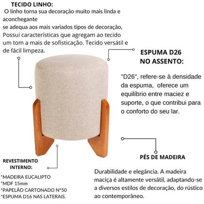 Imagem de Kit 2 Puff Piave Redondo Decorativo Tecido em Linho Puffe Pés Madeira Maciça