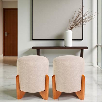 Imagem de Kit 2 Puff Piave Redondo Decorativo Tecido em Linho Puffe Pés Madeira Maciça