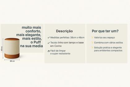 Imagem de Kit 2 Puff Plus Banquinho Redondo Decorativo em Linho Base e Tampo material sintético Bege/ Caramelo