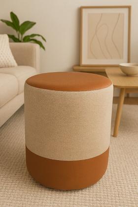 Imagem de Kit 2 Puff Plus Banquinho Redondo Decorativo em Linho Base e Tampo material sintético Bege/ Caramelo