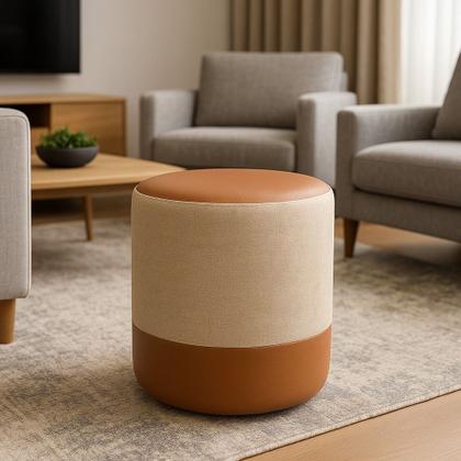 Imagem de Kit 2 Puff Plus Banquinho Redondo Decorativo em Linho Base e Tampo material sintético Bege/ Caramelo