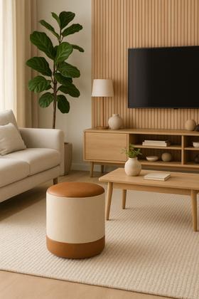 Imagem de Kit 2 Puff Plus Banquinho Redondo Decorativo em Linho Base e Tampo material sintético Sala Quarto Escritório Bege e Caramelo PC MÓVEIS