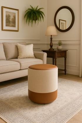 Imagem de Kit 2 Puff Plus Banquinho Redondo Decorativo em Linho Base e Tampo material sintético Sala Quarto Escritório Bege e Caramelo PC MÓVEIS