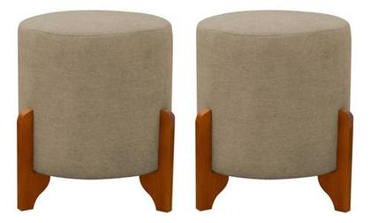 Imagem de Kit 2 Puff Redondo Em Linho Com Pés Em Madeira Maciça Decorativo Sala Quarto