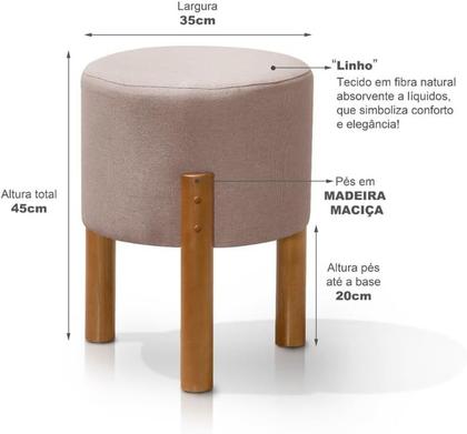 Imagem de Kit 2 Puff Redondo Luxo Decorativo Charme Thor com Pés de Madeira Linho Rose - PC MÓVEIS