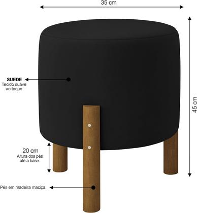 Imagem de Kit 2 Puff Redondo Luxo Decorativo Charme Thor com Pés de Madeira Suede Preto - PC MÓVEIS