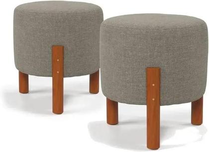 Imagem de Kit 2 Puff Sala Banquinho Banqueta Linho Luxo Pés Madeira Maciça