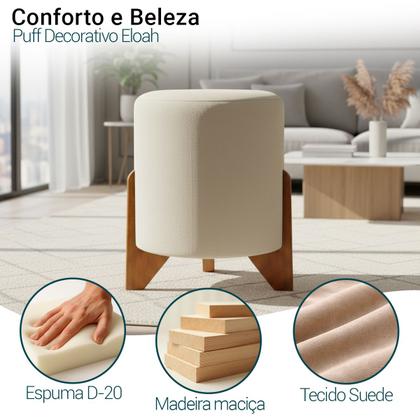 Imagem de Kit 2 Puffs Decorativos Eloah Redondo Assento Extra para Sala Quarto Suede Cores Pufe com Pés de Madeira