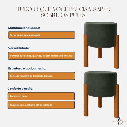Imagem de Kit 2 Puffs Redondos em Linho Luxo, Banqueta Decorativa com Pés Palito de Madeira. Ideal para Sala, Quarto, Closet, Rece