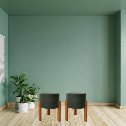 Imagem de Kit 2 Puffs Redondos em Linho Luxo, Banqueta Decorativa com Pés Palito de Madeira. Ideal para Sala, Quarto, Closet, Rece