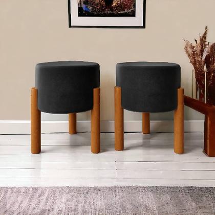 Imagem de Kit 2 Puffs Redondos Linho Preto Estrutura Madeira Eucalipto Decoração Sala Quarto