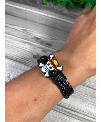 Imagem de Kit 2 Pulseira One Piece Monkey D Luffy De Couro Caveira Anime Otaku Ajustável