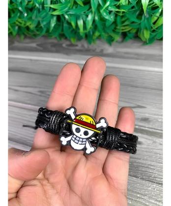 Imagem de Kit 2 Pulseira One Piece Monkey D Luffy De Couro Caveira Anime Otaku Ajustável