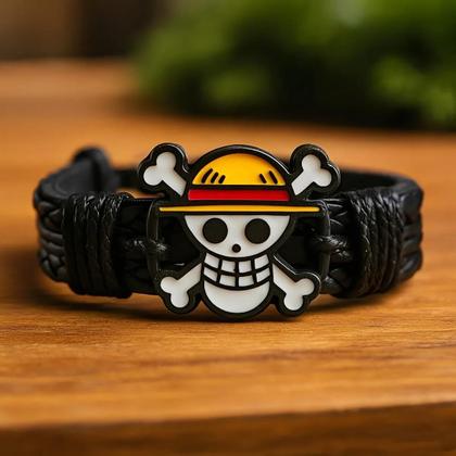 Imagem de Kit 2 Pulseira One Piece Monkey D Luffy De Couro Caveira Anime Otaku Ajustável