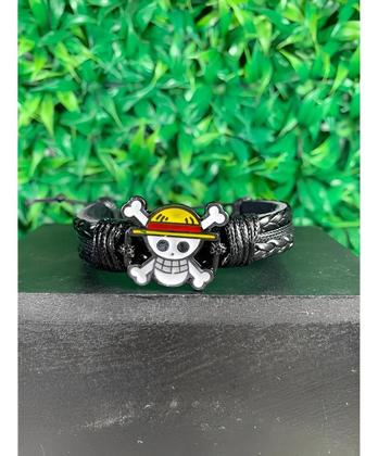 Imagem de Kit 2 Pulseira One Piece Monkey D Luffy De Couro Caveira Anime Otaku Ajustável