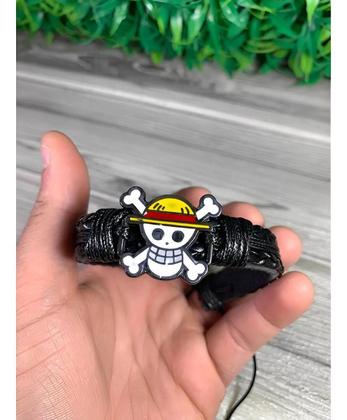 Imagem de Kit 2 Pulseira One Piece Monkey D Luffy De Couro Caveira Anime Otaku Ajustável