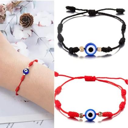 Imagem de Kit 2 Pulseiras Preto e Vermelhas Kabbalah Com 7 Nós E Olho Grego