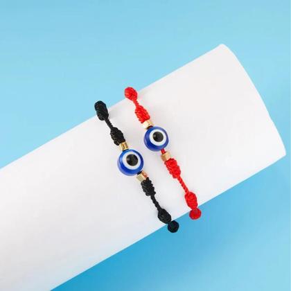 Imagem de Kit 2 Pulseiras Preto e Vermelhas Kabbalah Com 7 Nós E Olho Grego