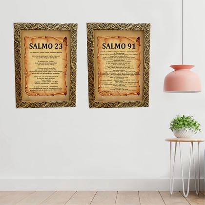 Imagem de Kit 2 Quadro Salmo 91 e 23 Bíblico Moldura Resinada Com Vidro