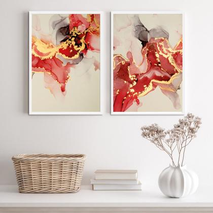 Imagem de Kit 2 Quadros Abstratos Mármore VermelhoEDourado 24x18cm - com vidro